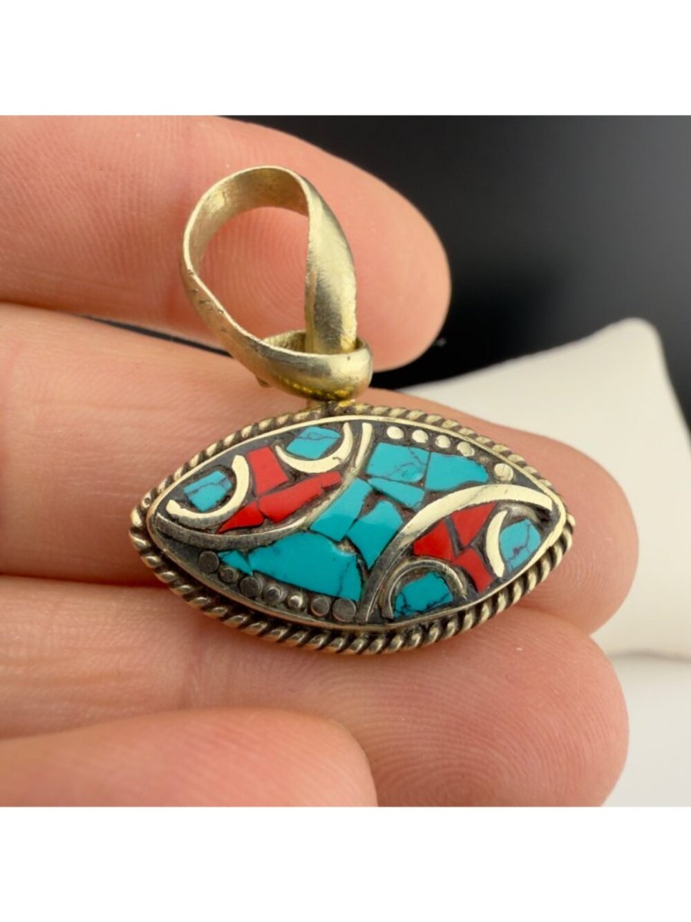 Vintage Mosaic Pendant Blue Red Stone Silver Tone Oval